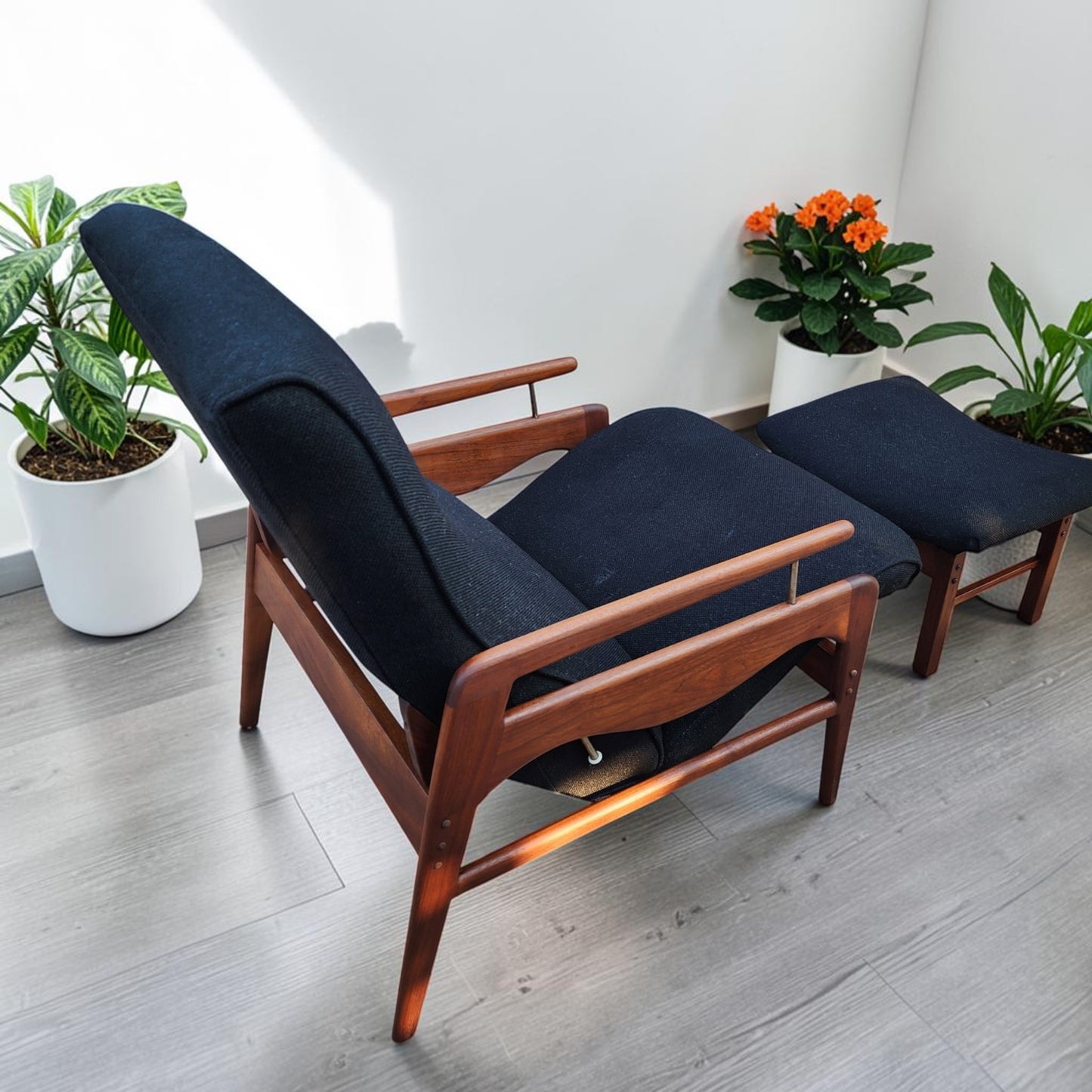 REFINISHED Mid Century Modern Walnut Recliner with Ottoman