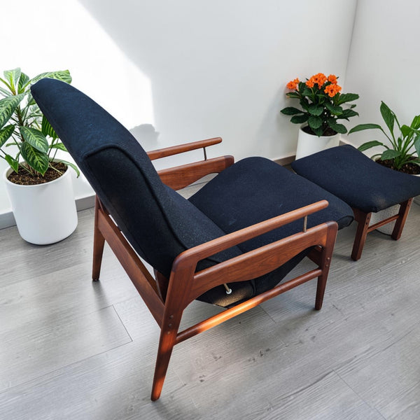 REFINISHED Mid Century Modern Walnut Recliner with Ottoman