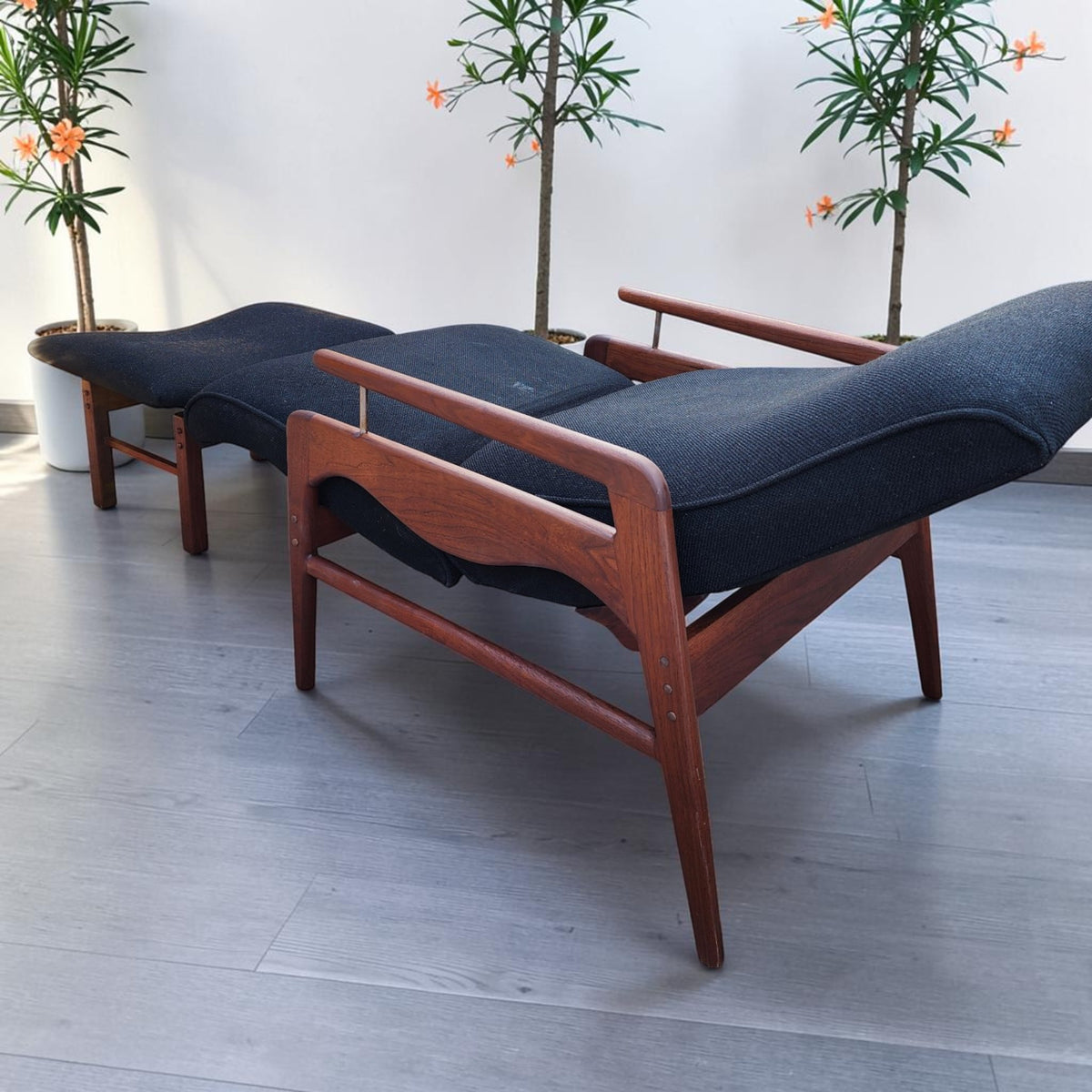 REFINISHED Mid Century Modern Walnut Recliner with Ottoman