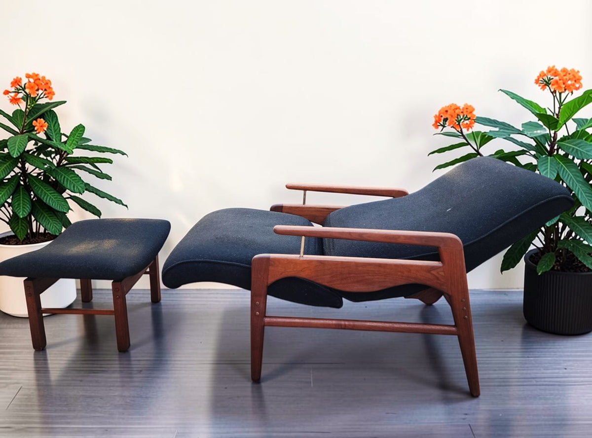 REFINISHED Mid Century Modern Walnut Recliner with Ottoman