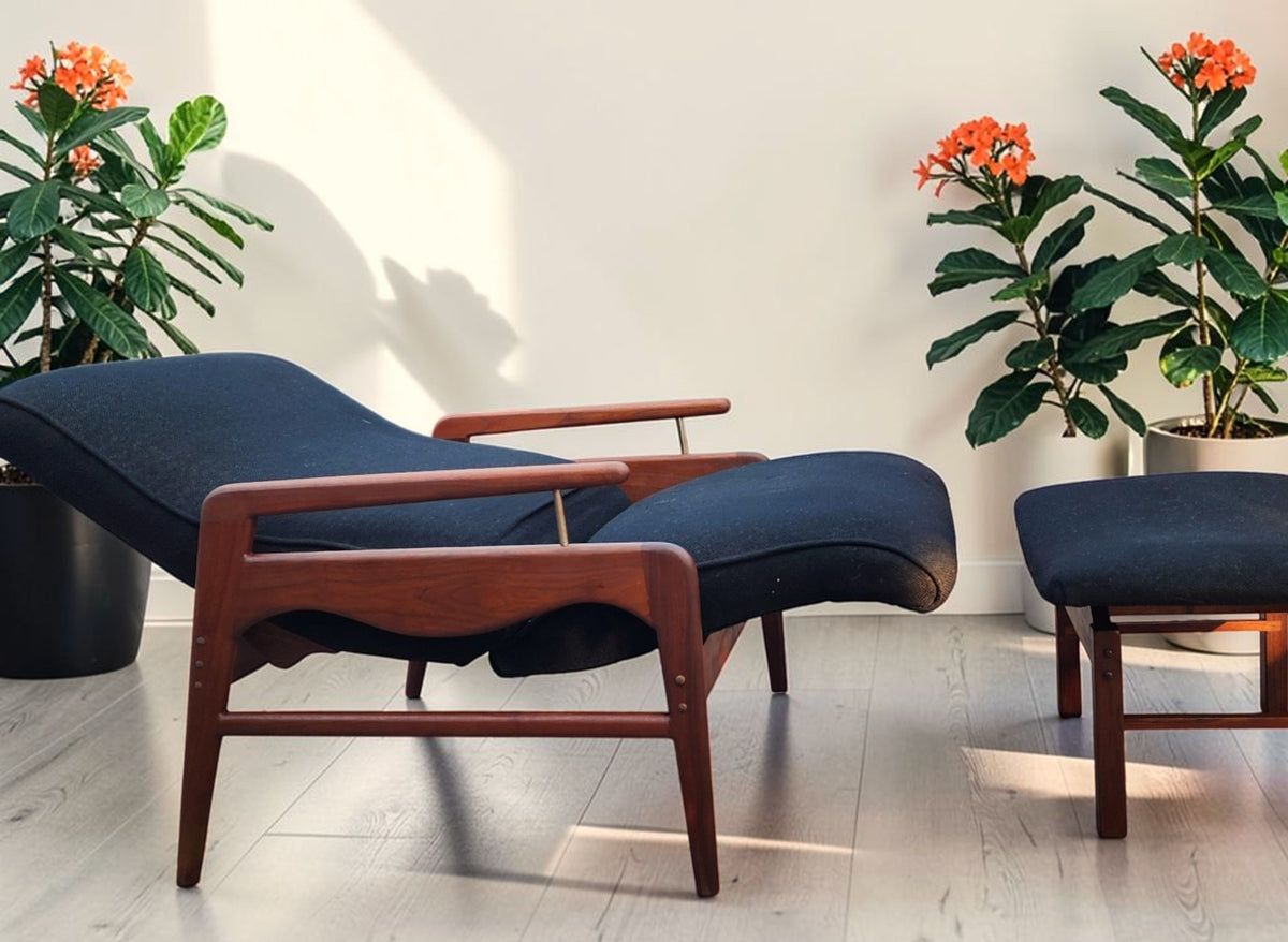 REFINISHED Mid Century Modern Walnut Recliner with Ottoman