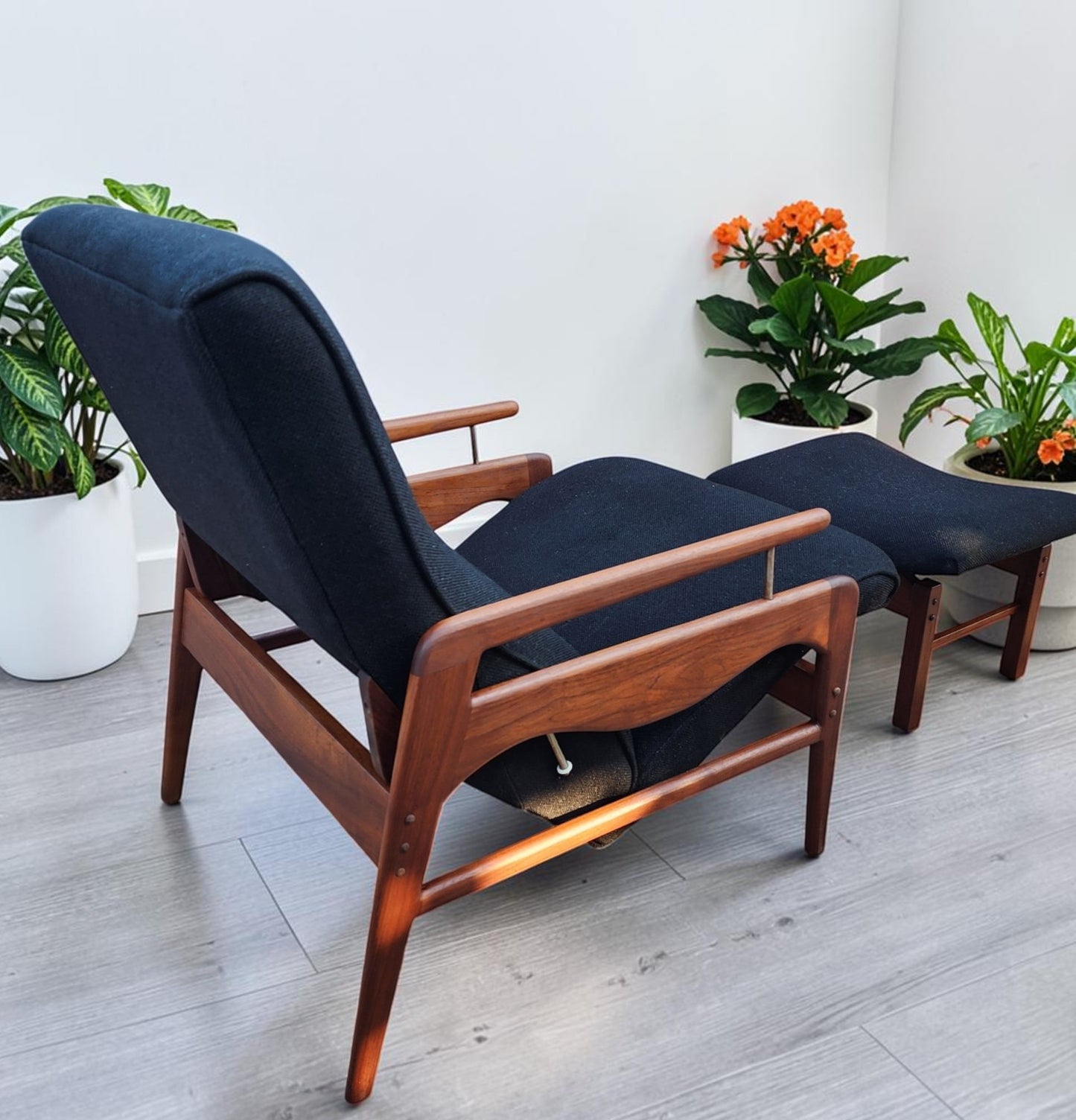 REFINISHED Mid Century Modern Walnut Recliner with Ottoman