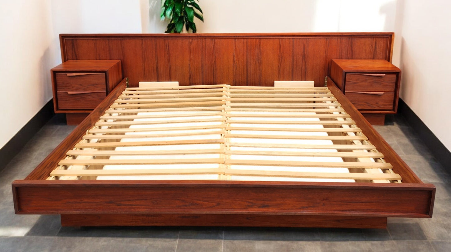 REFINISHED Mid Century Modern Teak King Bed w 2 Night Stands