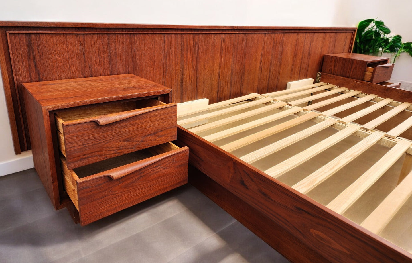 REFINISHED Mid Century Modern Teak King Bed w 2 Night Stands