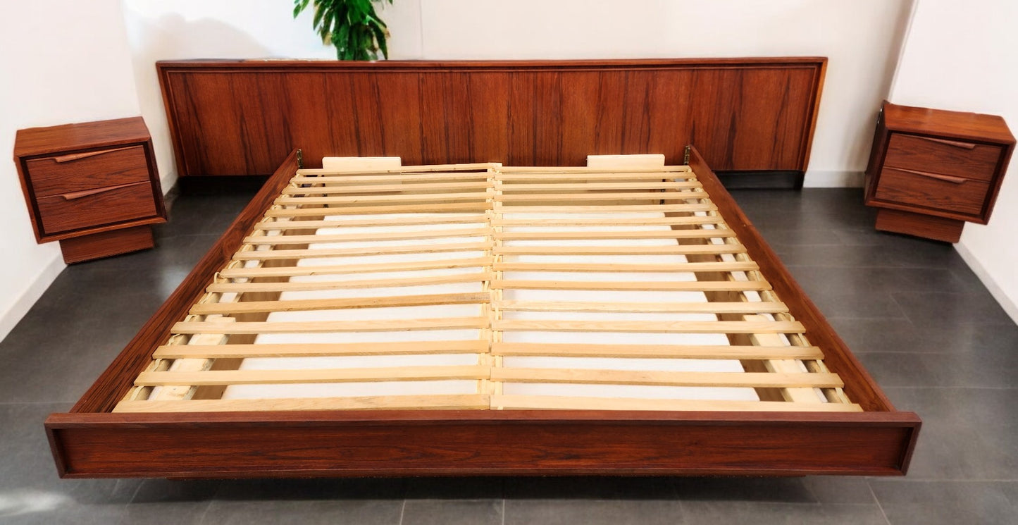 REFINISHED Mid Century Modern Teak King Bed w 2 Night Stands