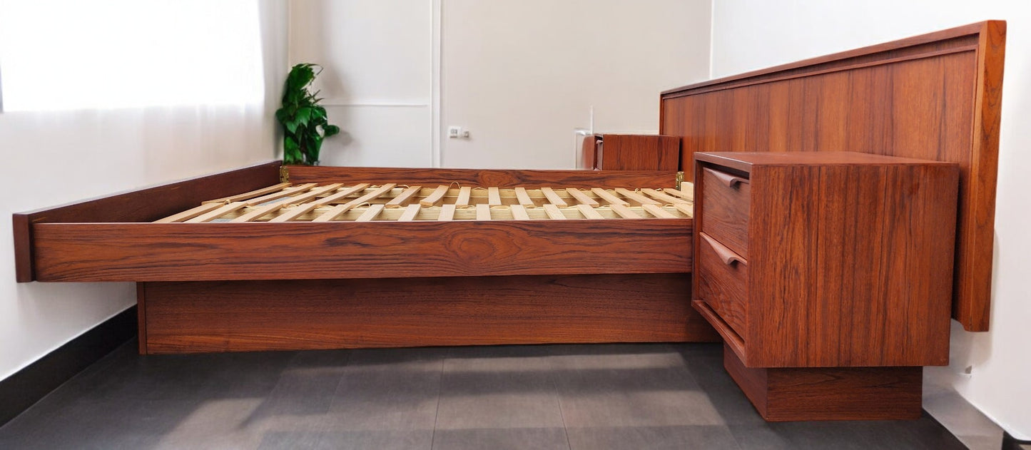 REFINISHED Mid Century Modern Teak King Bed w 2 Night Stands