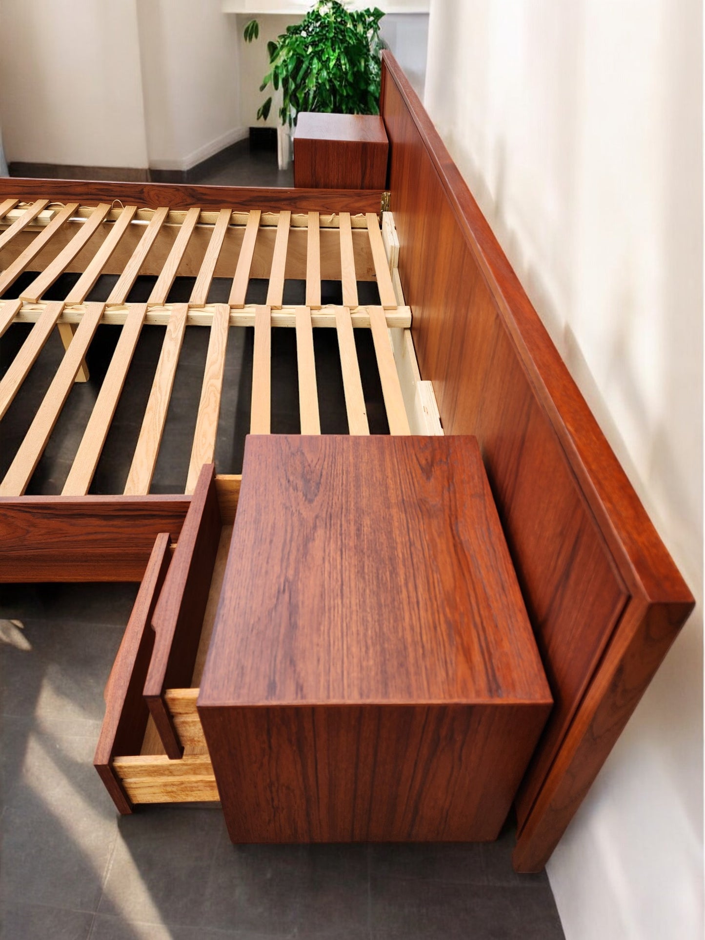 REFINISHED Mid Century Modern Teak King Bed w 2 Night Stands