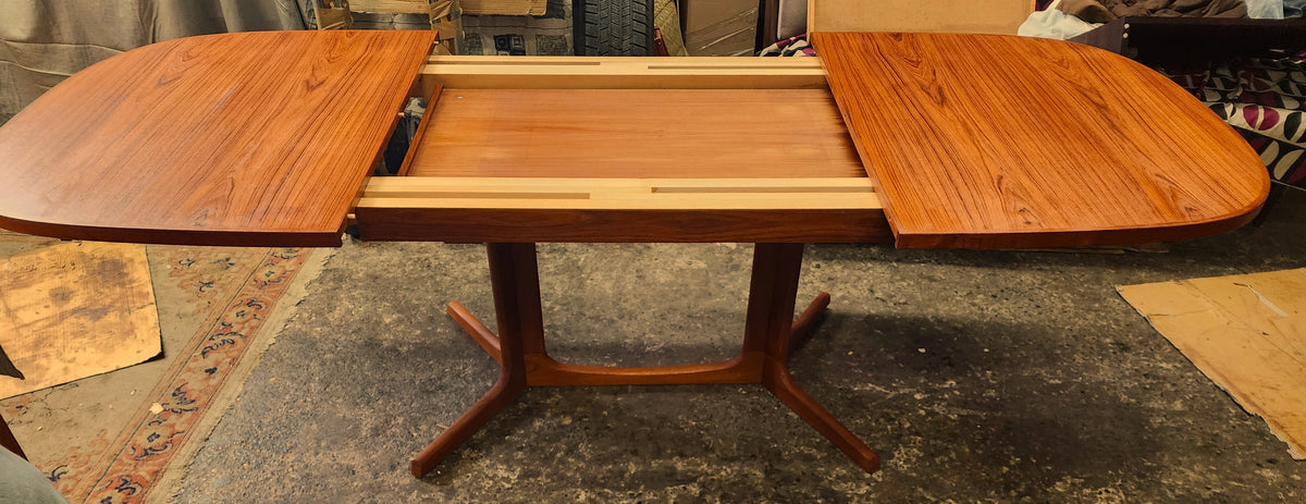 REFINISHED Mid Century Modern Teak Table w 2 Leaves, Norway, 62