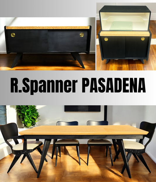 Coming***REFINISHED R. Spanner PASADENA Table, Buffet and Server w Cork Tops & 4 Chairs
