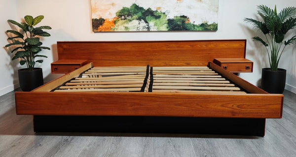 REFINISHED Mid Century Modern Teak Bed King w Floating Nightstands