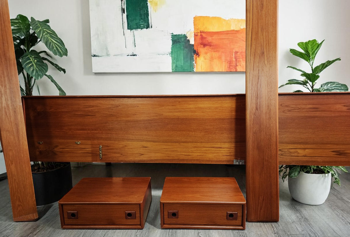 REFINISHED Mid Century Modern Teak Bed King w Floating Nightstands