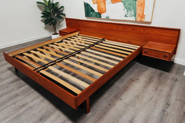 REFINISHED Mid Century Modern Teak Bed King w Floating Nightstands