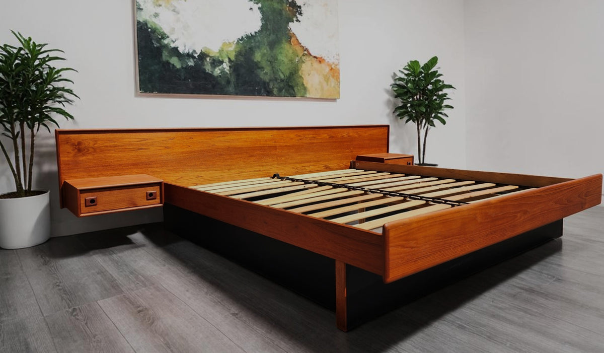 REFINISHED Mid Century Modern Teak Bed King w Floating Nightstands
