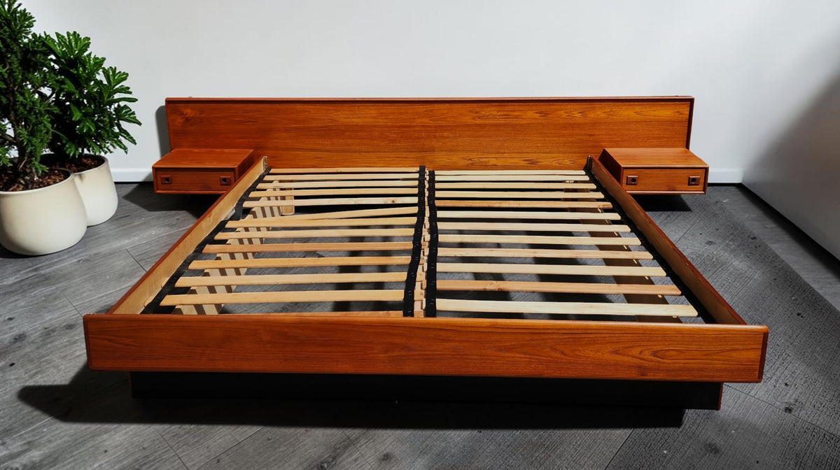 REFINISHED Mid Century Modern Teak Bed King w Floating Nightstands