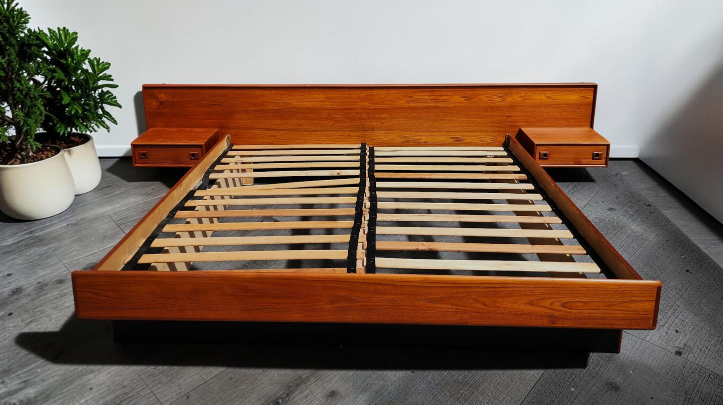 REFINISHED Mid Century Modern Teak Bed King w Floating Nightstands