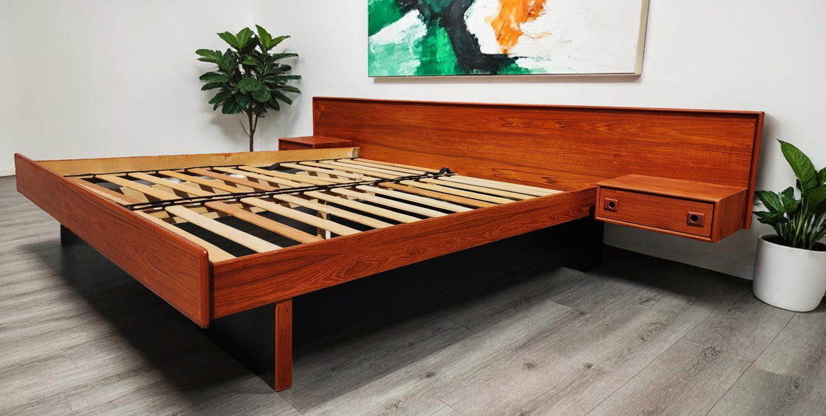 REFINISHED Mid Century Modern Teak Bed King w Floating Nightstands