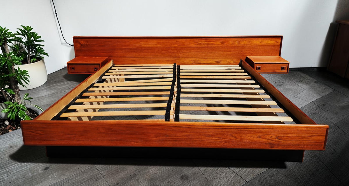REFINISHED Mid Century Modern Teak Bed King w Floating Nightstands
