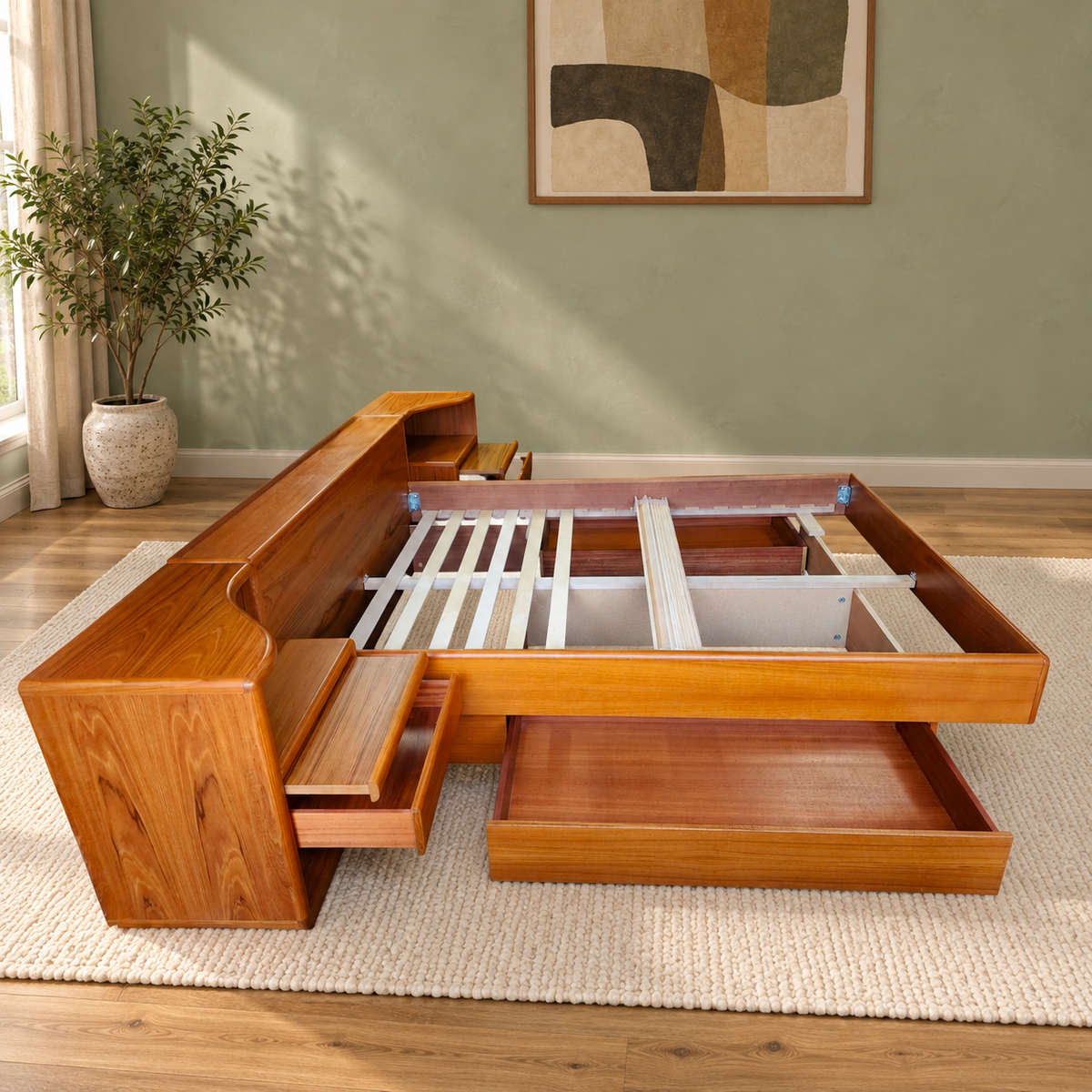 RESTORED MCM Teak Bed Queen w Storage & Nightstands & Dresser by Mobican