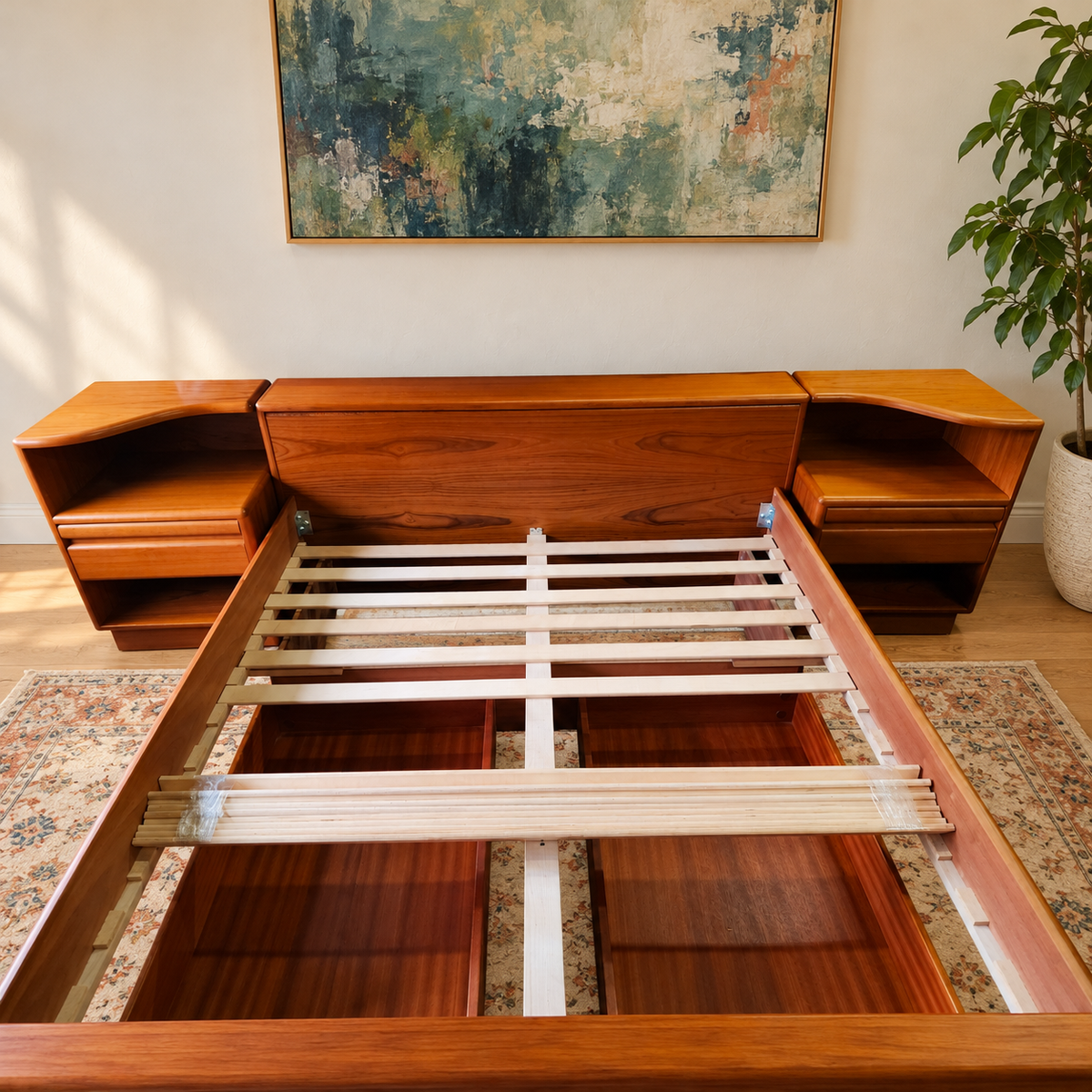 RESTORED MCM Teak Bed Queen w Storage & Nightstands & Dresser by Mobican
