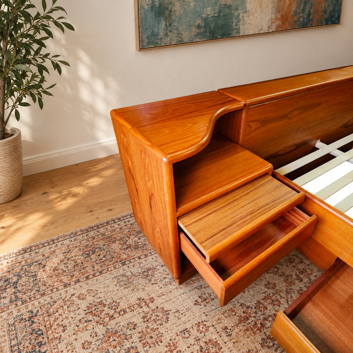 RESTORED MCM Teak Bed Queen w Storage & Nightstands & Dresser by Mobican