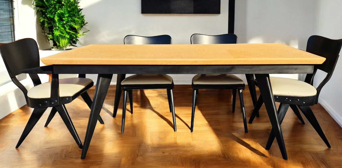 Coming***REFINISHED R. Spanner PASADENA Table, Buffet and Server w Cork Tops & 4 Chairs