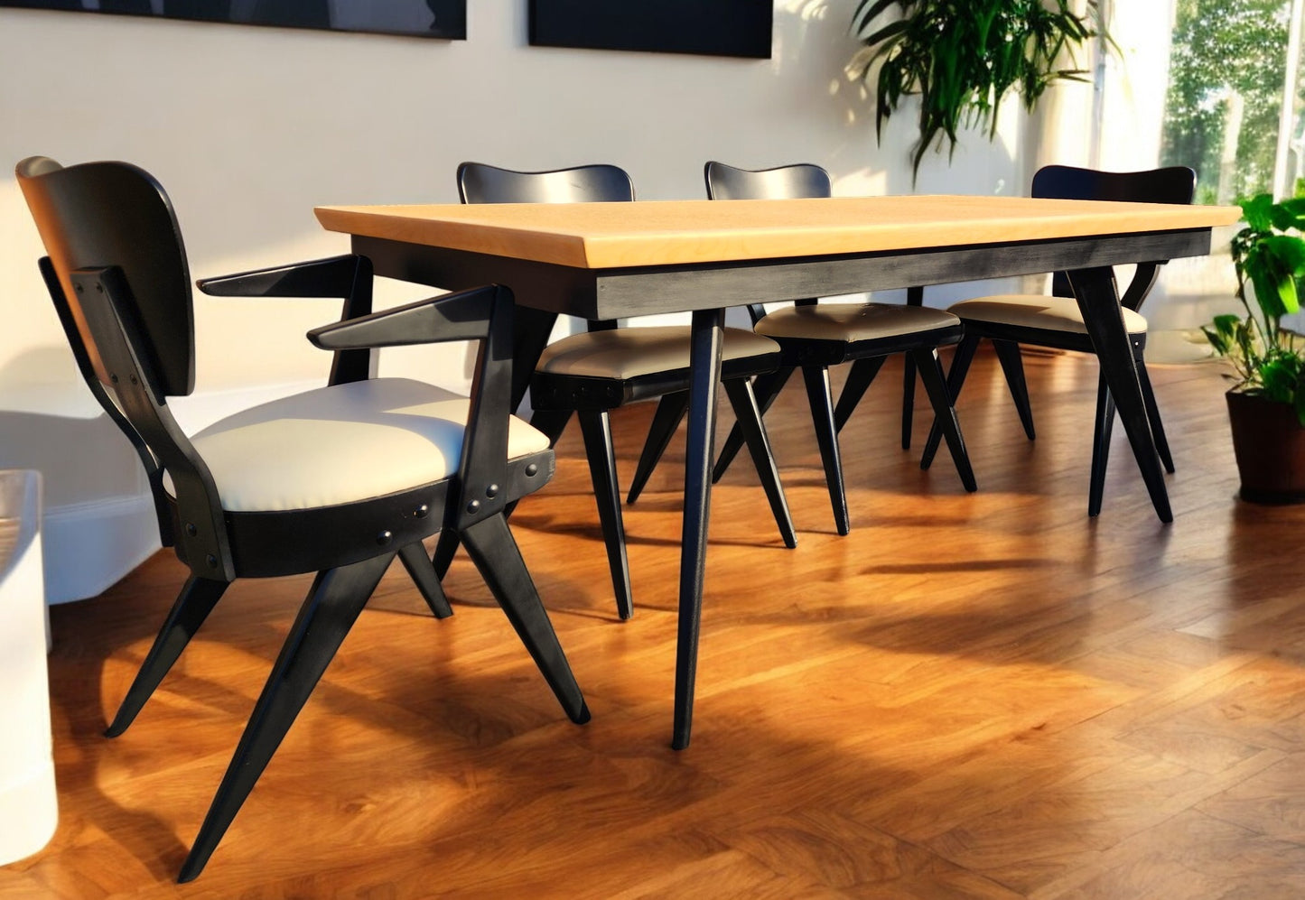 Coming***REFINISHED R. Spanner PASADENA Table, Buffet and Server w Cork Tops & 4 Chairs