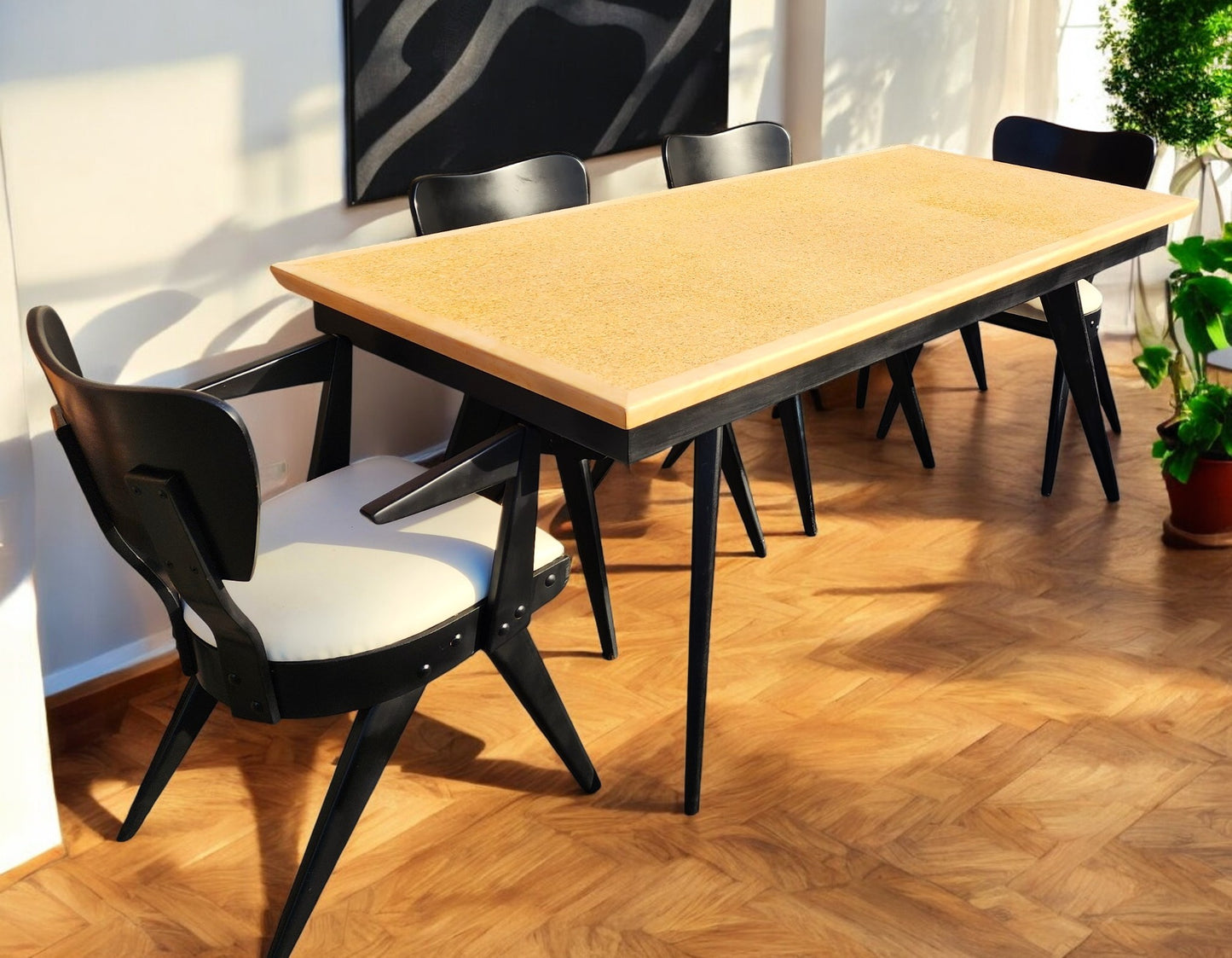 Coming***REFINISHED R. Spanner PASADENA Table, Buffet and Server w Cork Tops & 4 Chairs