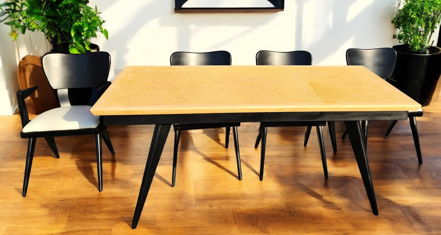 Coming***REFINISHED R. Spanner PASADENA Table, Buffet and Server w Cork Tops & 4 Chairs