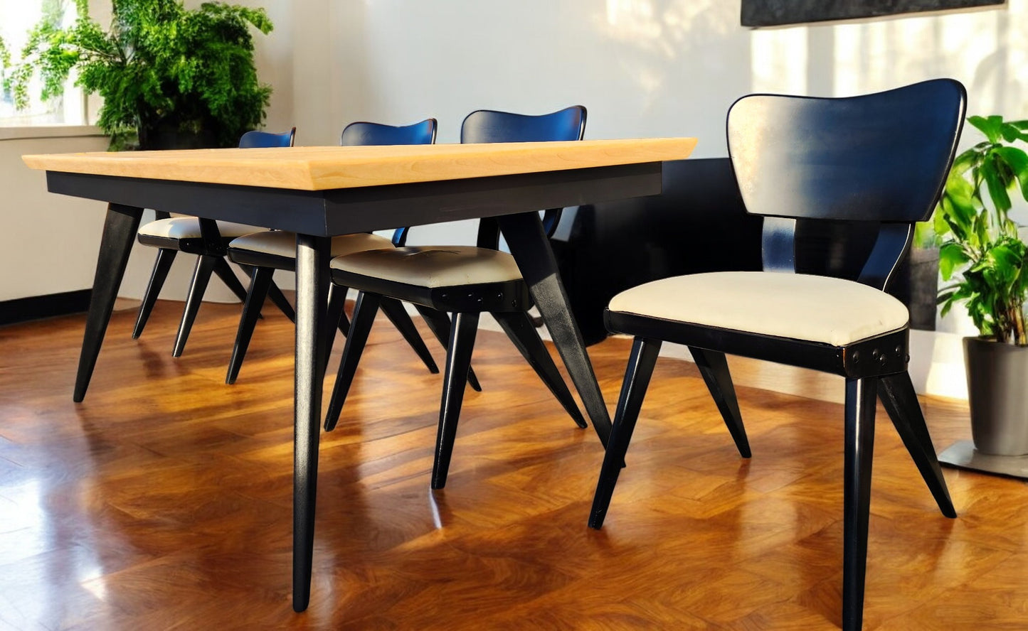 Coming***REFINISHED R. Spanner PASADENA Table, Buffet and Server w Cork Tops & 4 Chairs