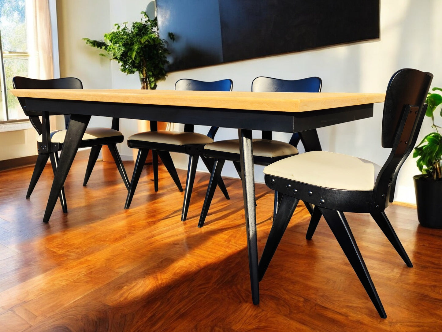 Coming***REFINISHED R. Spanner PASADENA Table, Buffet and Server w Cork Tops & 4 Chairs