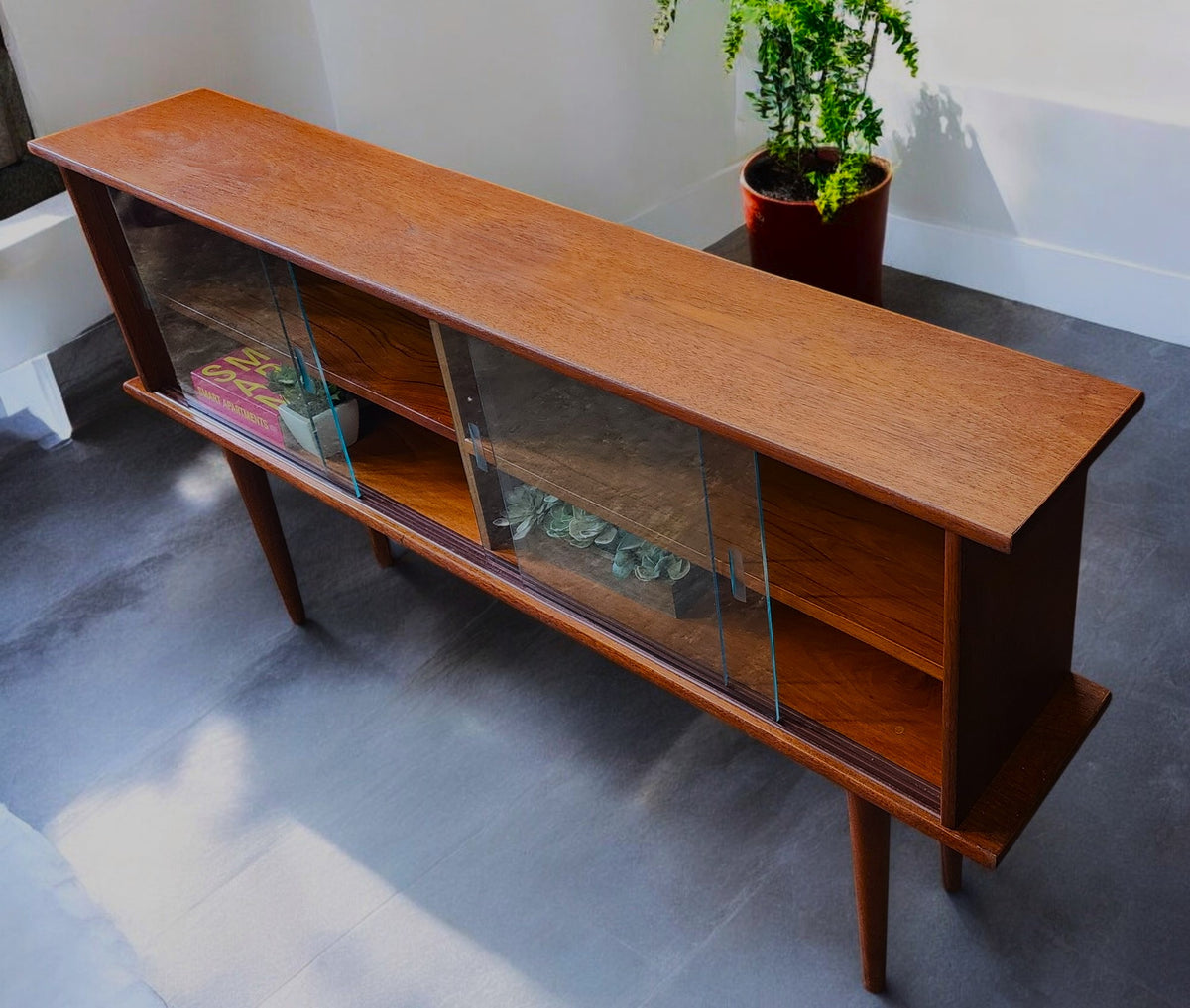 REFINISHED Swedish Mid Century Modern Teak Display Bookcase 59