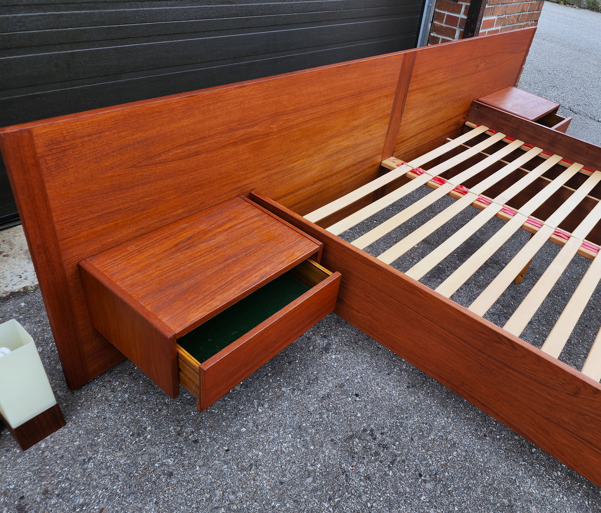 REFINISHED Swedish Mid Century Modern Teak Bed w Floating Nightstands Queen