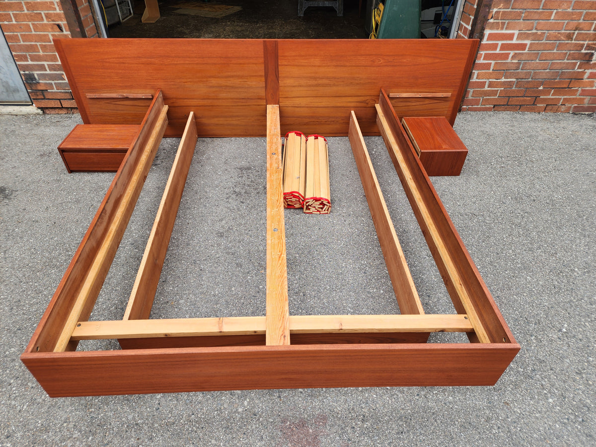 REFINISHED Swedish Mid Century Modern Teak Bed w Floating Nightstands Queen