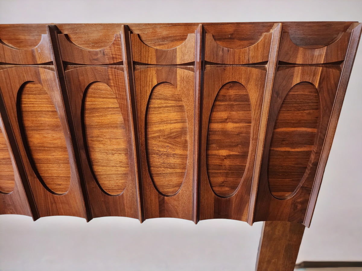 RESTORED Mid Century Modern Walnut Brutalist Headboard and 2 Nightstands or Side Tables