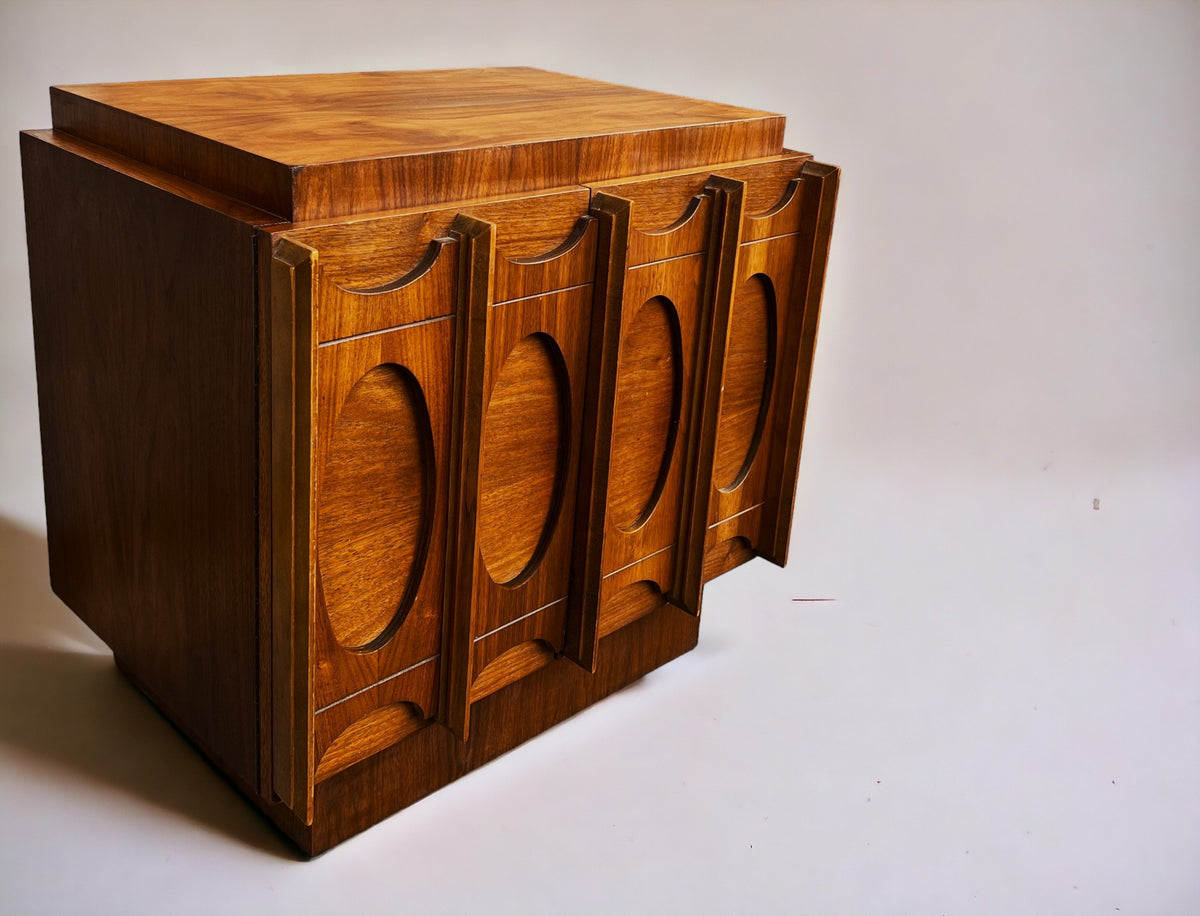 RESTORED Mid Century Modern Walnut Brutalist Headboard and 2 Nightstands or Side Tables