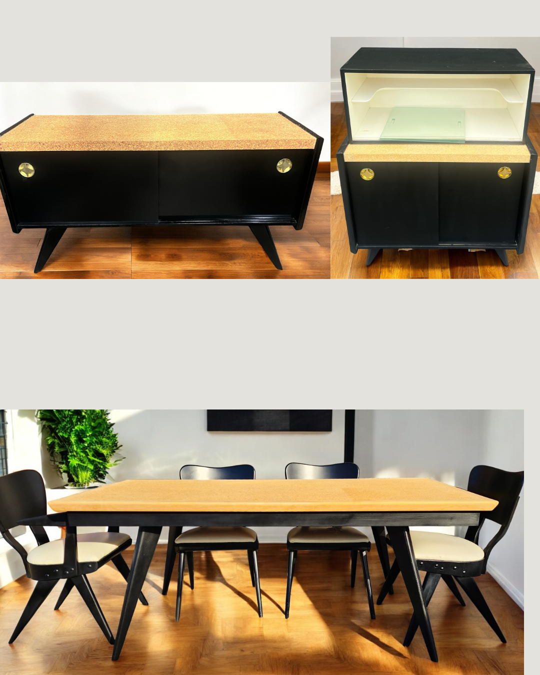 REFINISHED R. Spanner PASADENA Table, Buffet, Server w Cork Tops & 4 Chairs