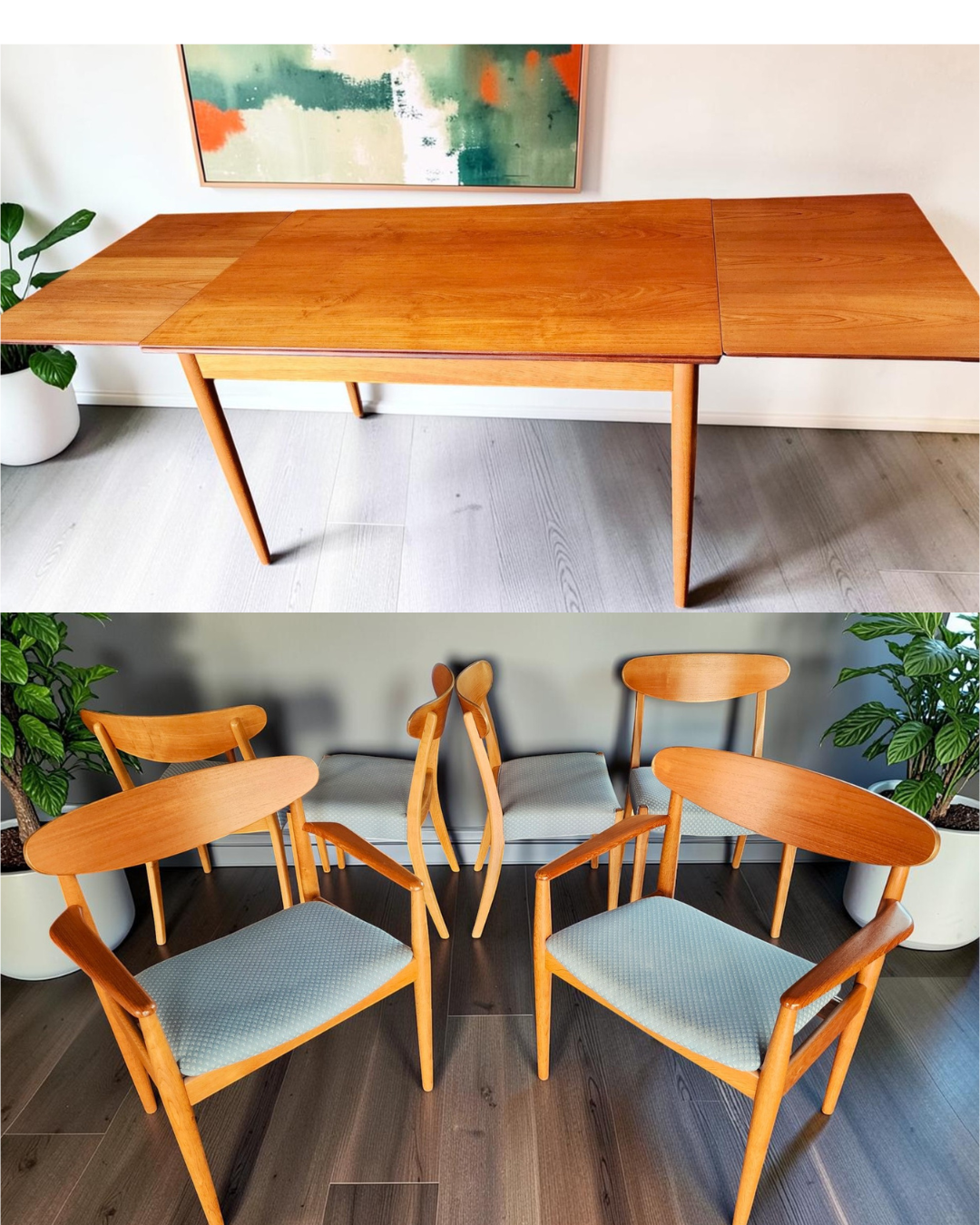 REFINISHED Danish Mid Century Modern Teak & Oak Table w 2 Leaves & 6 Chairs
