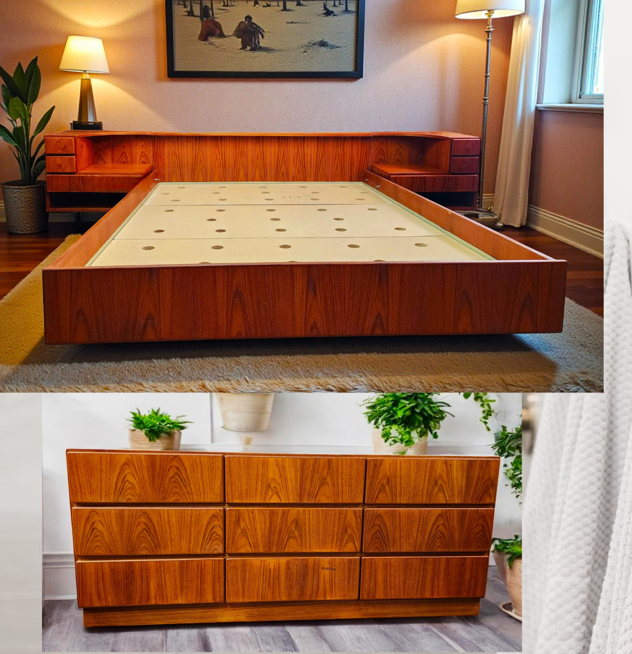 REFINISHED Danish MCM Floating Teak Bed  Queen & Dresser by Komfort