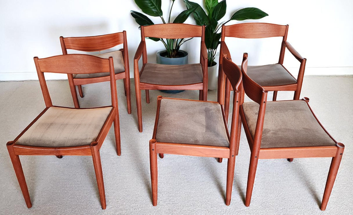 6 REFINISHED REUPHOLSTERED in wool mohair Danish MCM Teak Chairs by Bramin