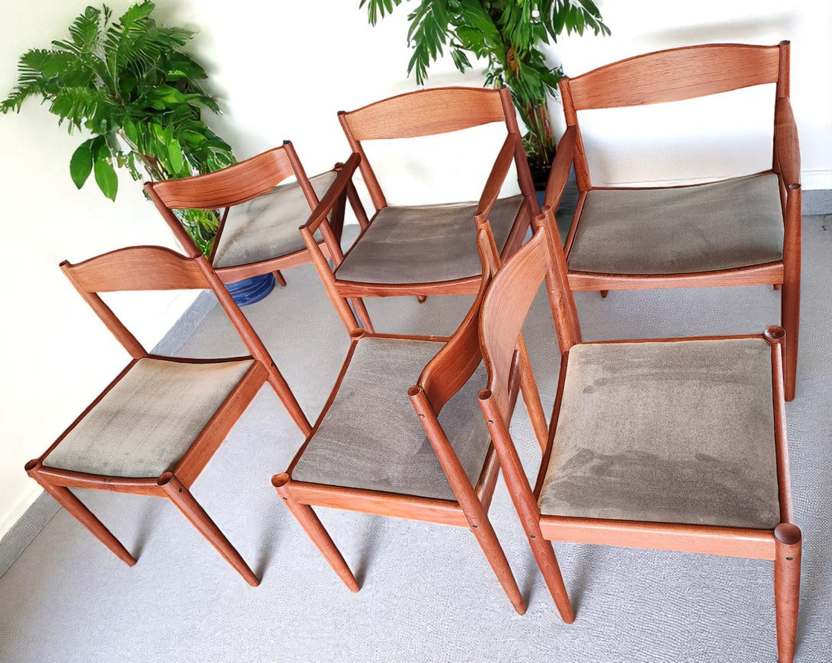 6 REFINISHED REUPHOLSTERED in wool mohair Danish MCM Teak Chairs by Bramin