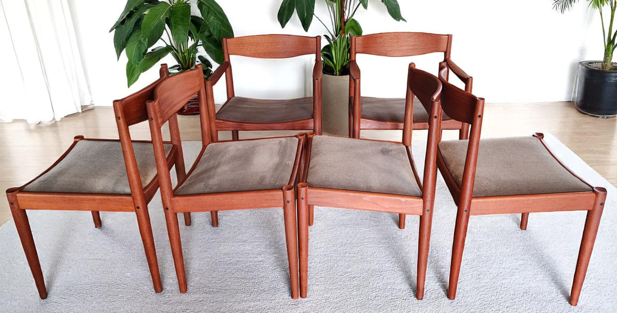 6 REFINISHED REUPHOLSTERED in wool mohair Danish MCM Teak Chairs by Bramin