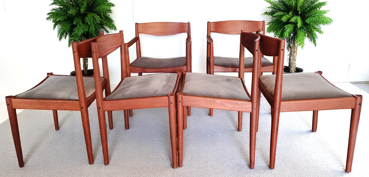 6 REFINISHED REUPHOLSTERED in wool mohair Danish MCM Teak Chairs by Bramin