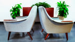 2 REFINISHED REUPHOLSTERED in Wool Mohair Teak Mid Century Modern Lounge Chairs 1