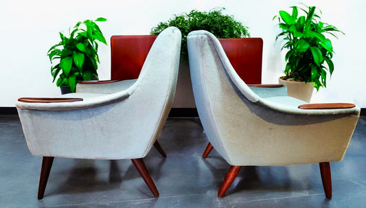 2 REFINISHED REUPHOLSTERED in Wool Mohair Teak Mid Century Modern Lounge Chairs