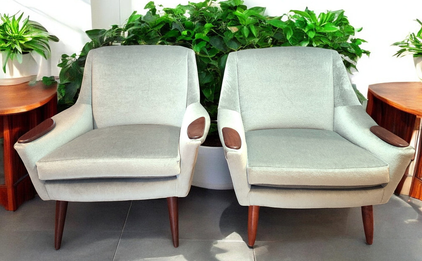 2 REFINISHED REUPHOLSTERED in Wool Mohair Teak Mid Century Modern Lounge Chairs
