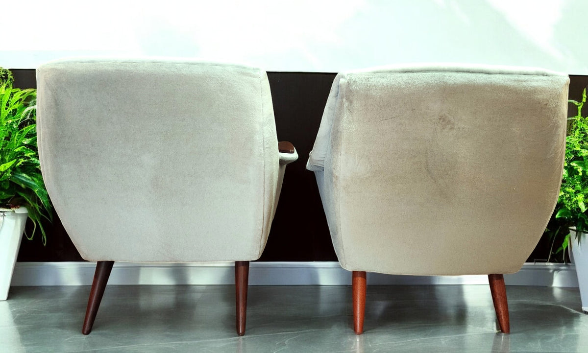 2 REFINISHED REUPHOLSTERED in Wool Mohair Teak Mid Century Modern Lounge Chairs