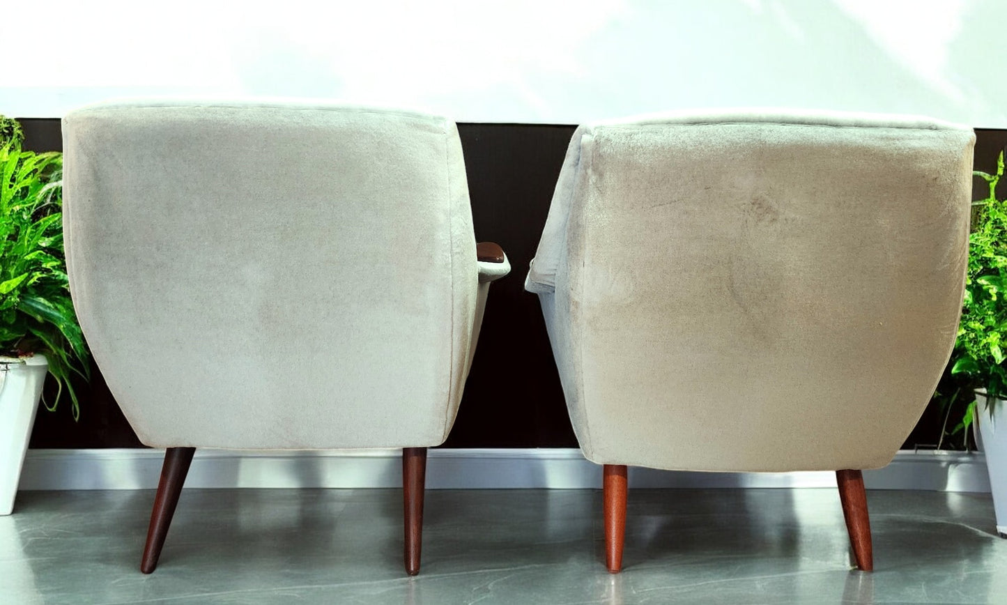 2 REFINISHED REUPHOLSTERED in Wool Mohair Teak Mid Century Modern Lounge Chairs