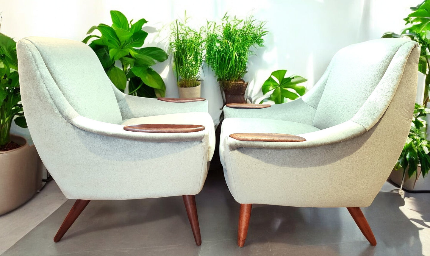 2 REFINISHED REUPHOLSTERED in Wool Mohair Teak Mid Century Modern Lounge Chairs