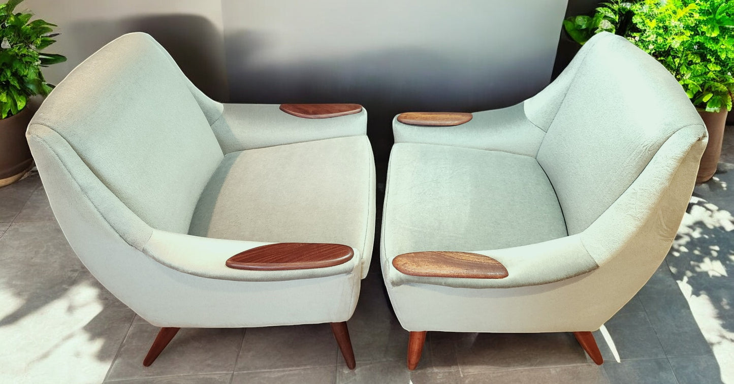 2 REFINISHED REUPHOLSTERED in Wool Mohair Teak Mid Century Modern Lounge Chairs