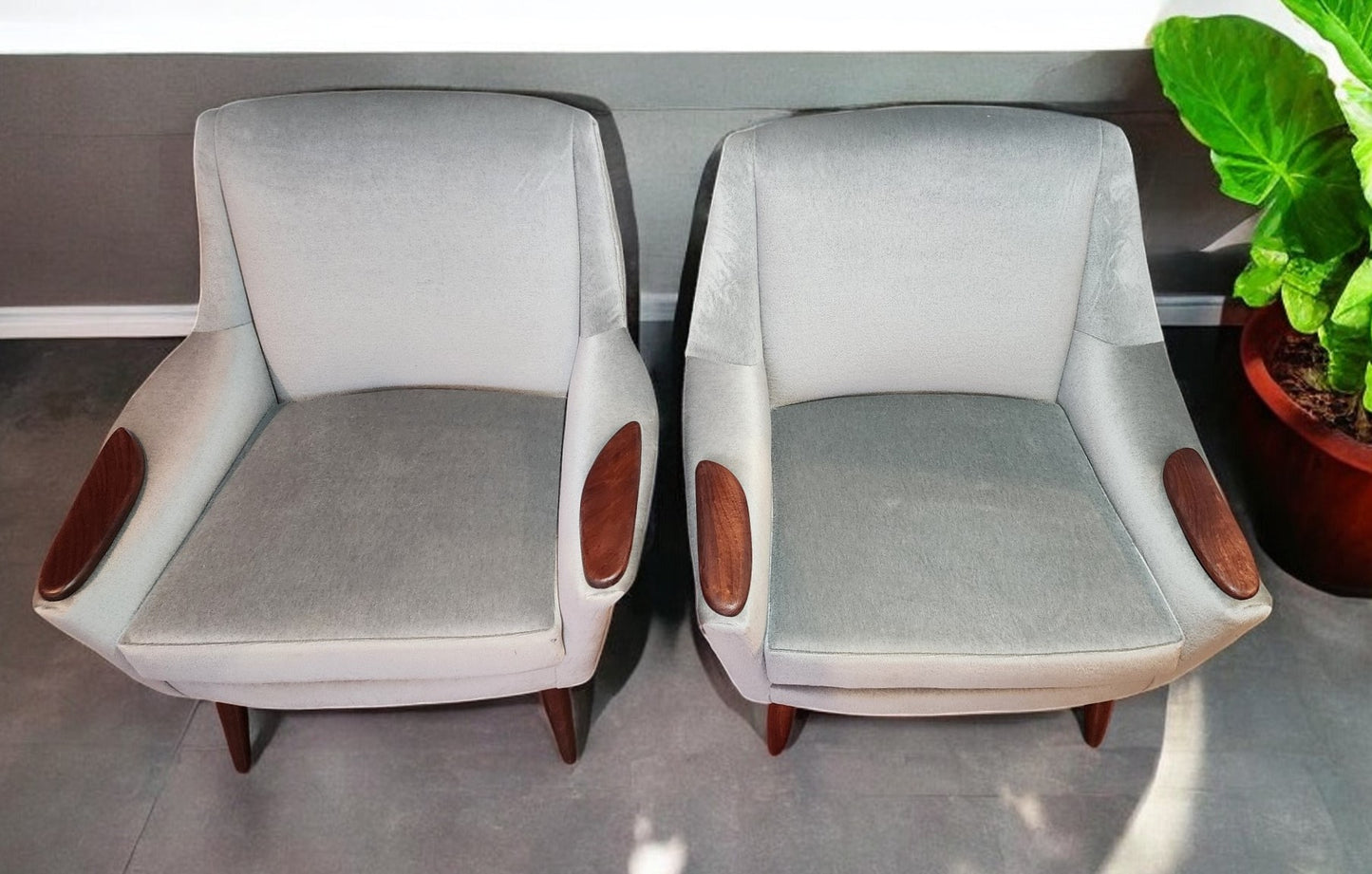 2 REFINISHED REUPHOLSTERED in Wool Mohair Teak Mid Century Modern Lounge Chairs